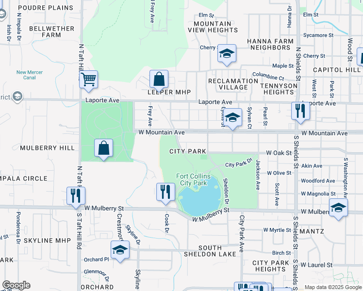 map of restaurants, bars, coffee shops, grocery stores, and more near 215 South Bryan Avenue in Fort Collins