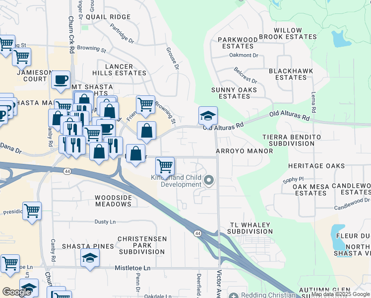 map of restaurants, bars, coffee shops, grocery stores, and more near 1605 Dana Drive in Redding