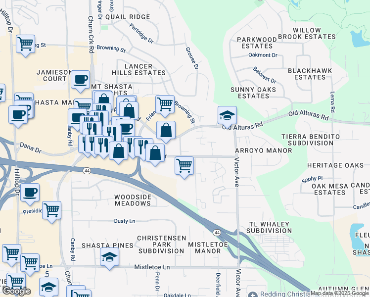 map of restaurants, bars, coffee shops, grocery stores, and more near 1547 Dana Drive in Redding