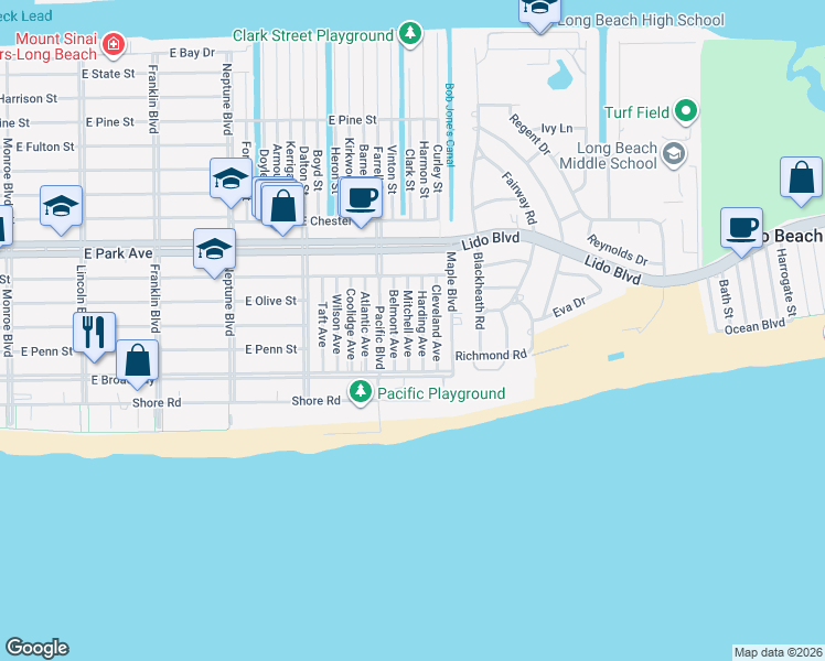 map of restaurants, bars, coffee shops, grocery stores, and more near 107 Harding Avenue in Long Beach