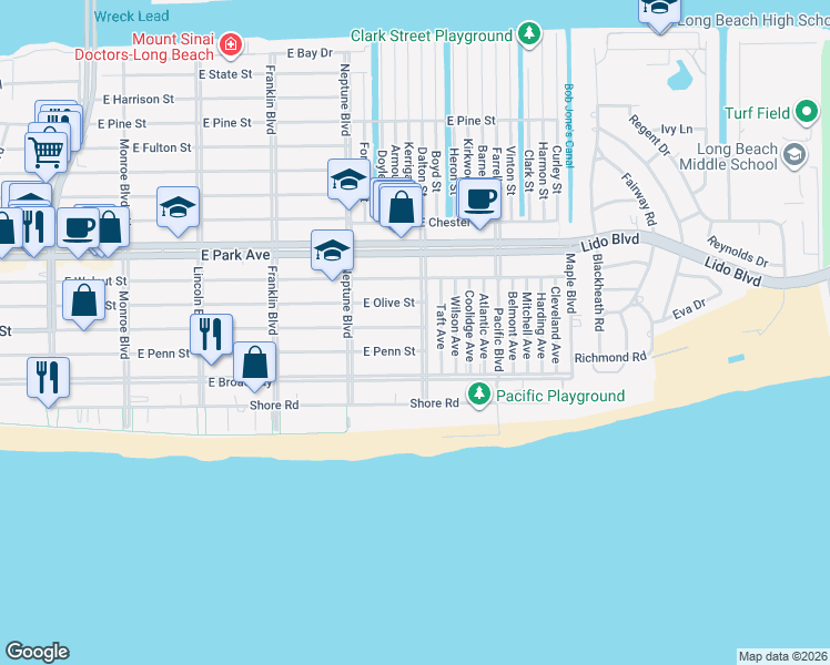 map of restaurants, bars, coffee shops, grocery stores, and more near in Long Beach