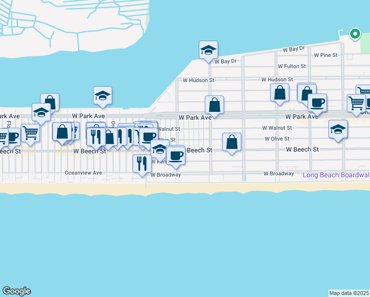 map of restaurants, bars, coffee shops, grocery stores, and more near 645 West Penn Street in Long Beach