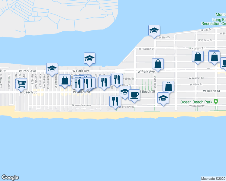 map of restaurants, bars, coffee shops, grocery stores, and more near 43 California Street in Long Beach