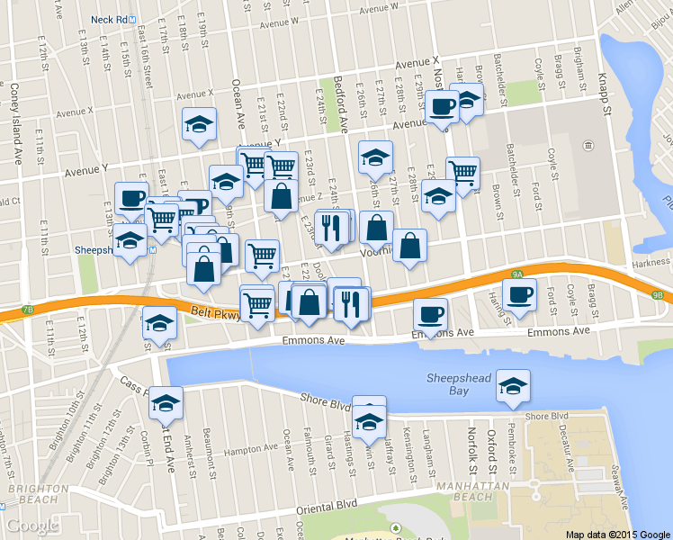 map of restaurants, bars, coffee shops, grocery stores, and more near 2750 East 23rd Street in Brooklyn
