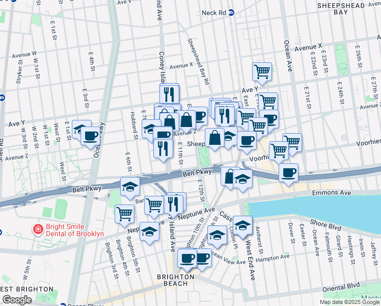 map of restaurants, bars, coffee shops, grocery stores, and more near 2681 East 11th Street in Brooklyn