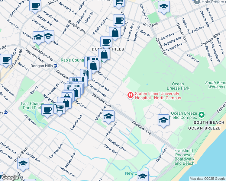 map of restaurants, bars, coffee shops, grocery stores, and more near 303 Mason Avenue in Staten Island