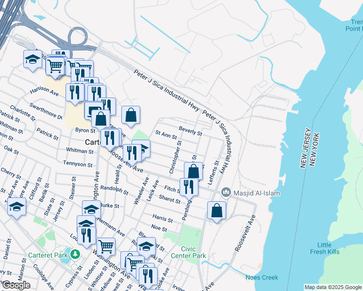 map of restaurants, bars, coffee shops, grocery stores, and more near 9 Jeanette Street in Carteret