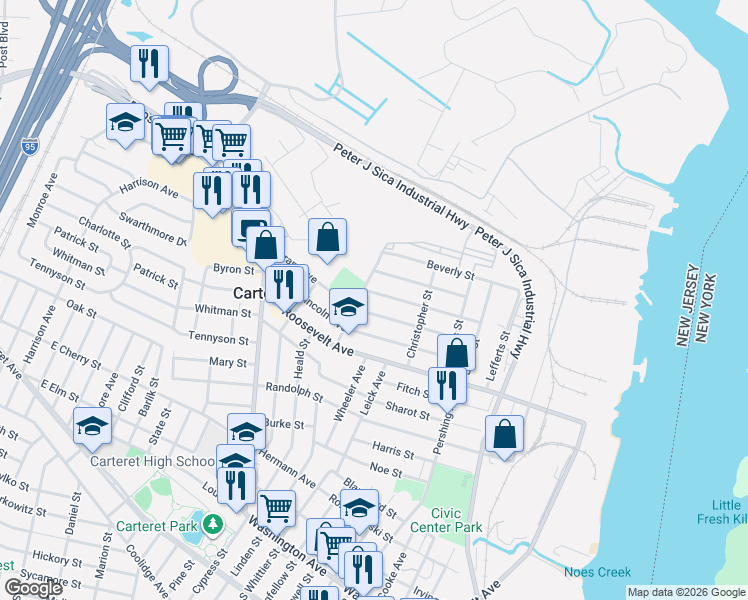 map of restaurants, bars, coffee shops, grocery stores, and more near 51 Grant Avenue in Carteret
