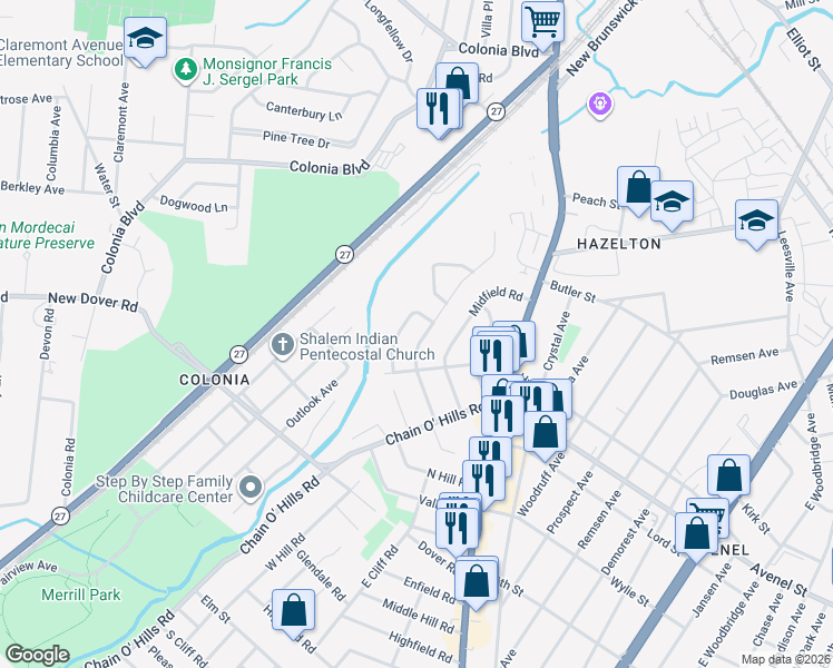 map of restaurants, bars, coffee shops, grocery stores, and more near 169 McFarlane Road in Woodbridge Township
