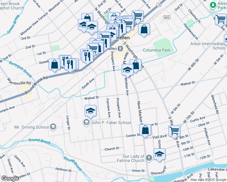 map of restaurants, bars, coffee shops, grocery stores, and more near 623 Walnut Street in Dunellen
