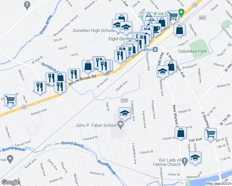 map of restaurants, bars, coffee shops, grocery stores, and more near 203 Hall Street in Dunellen
