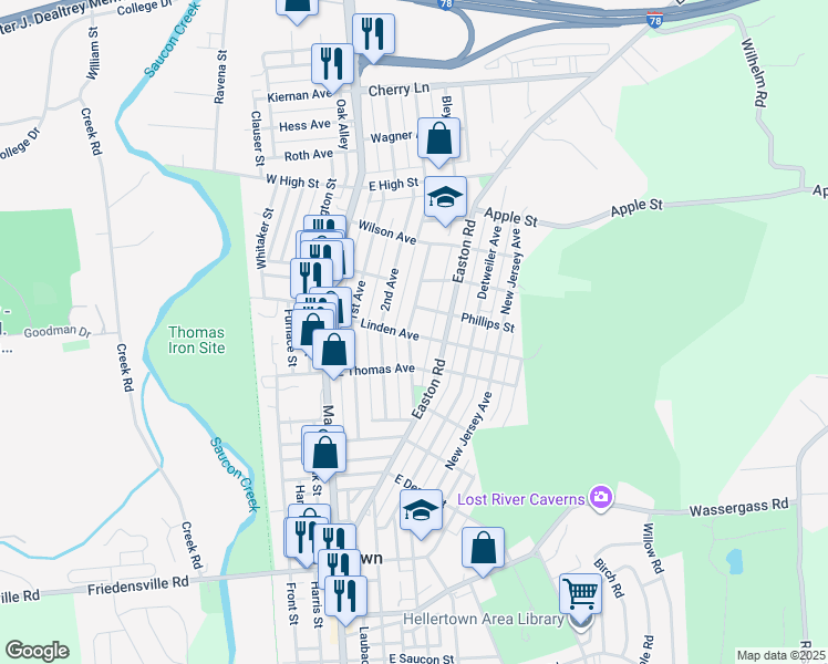map of restaurants, bars, coffee shops, grocery stores, and more near 700 Linden Avenue in Hellertown