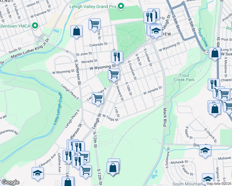 map of restaurants, bars, coffee shops, grocery stores, and more near 1127-1151 Keck Street in Allentown