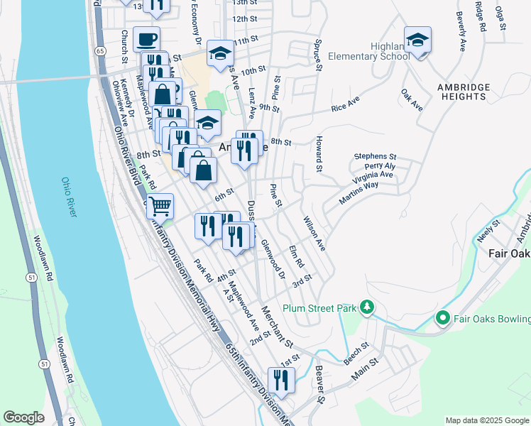 map of restaurants, bars, coffee shops, grocery stores, and more near 435 Elm Road in Ambridge