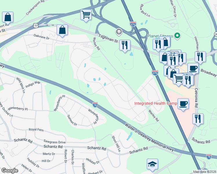 map of restaurants, bars, coffee shops, grocery stores, and more near 441 Pennycress Road in Allentown