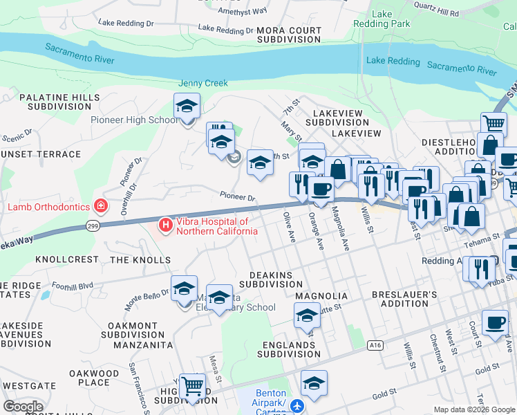 map of restaurants, bars, coffee shops, grocery stores, and more near Eureka Way & Pioneer Drive in Redding