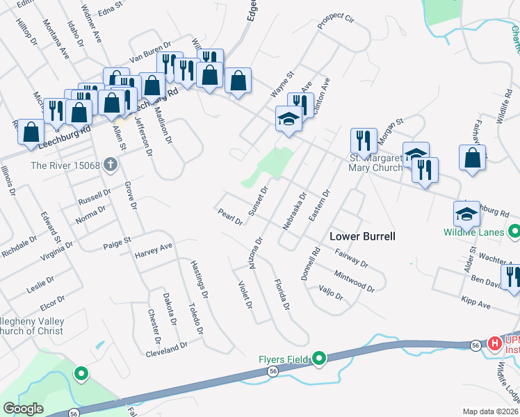 map of restaurants, bars, coffee shops, grocery stores, and more near 311 Sunset Drive in New Kensington