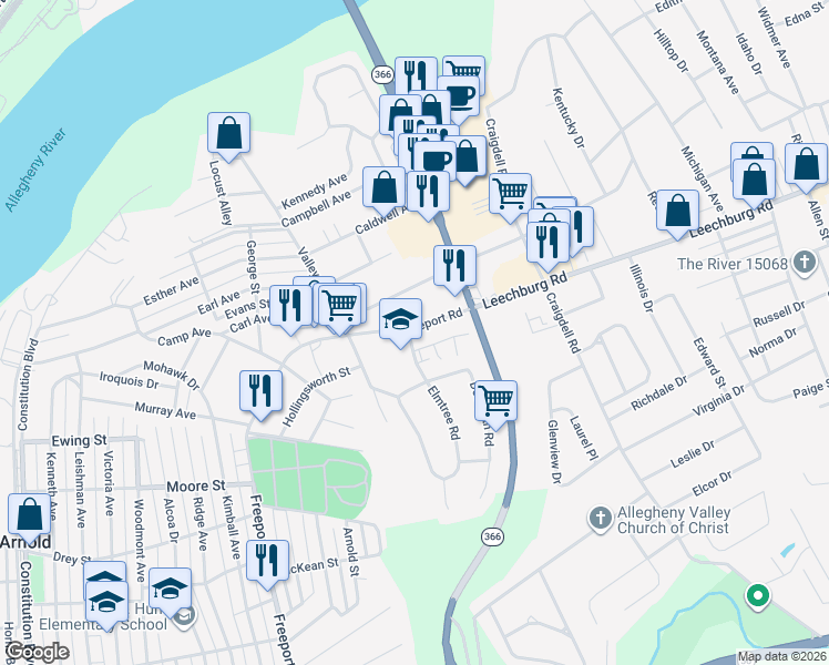 map of restaurants, bars, coffee shops, grocery stores, and more near 110 Elmtree Road in New Kensington
