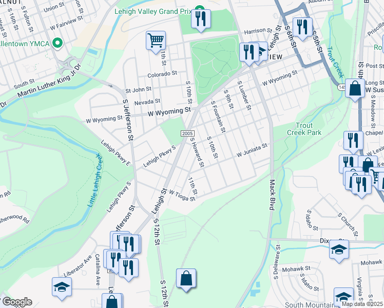 map of restaurants, bars, coffee shops, grocery stores, and more near 1127-1151 Keck Street in Allentown