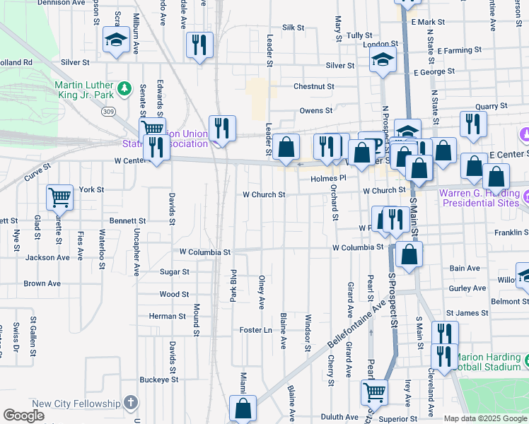 map of restaurants, bars, coffee shops, grocery stores, and more near 242 Olney Avenue in Marion