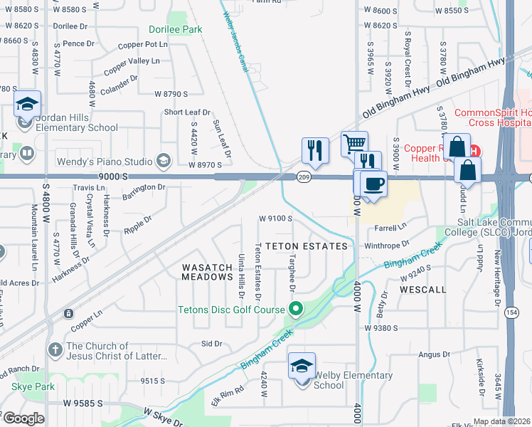 map of restaurants, bars, coffee shops, grocery stores, and more near 4224 Cache Creek Circle in West Jordan