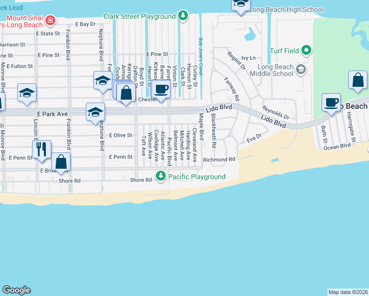 map of restaurants, bars, coffee shops, grocery stores, and more near 107 Harding Avenue in Long Beach