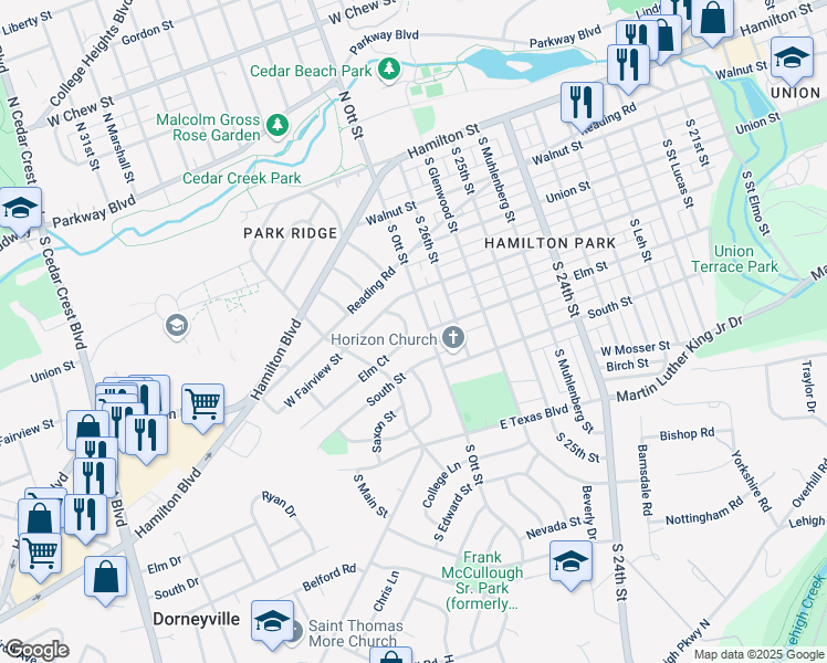 map of restaurants, bars, coffee shops, grocery stores, and more near 420 South Ott Street in Allentown