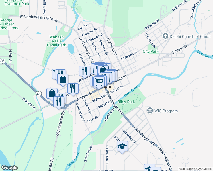 map of restaurants, bars, coffee shops, grocery stores, and more near 124 East Main Street in Delphi