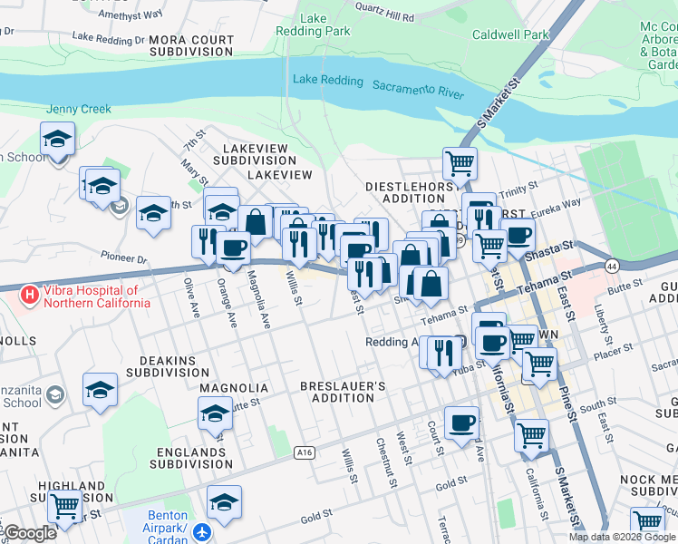 map of restaurants, bars, coffee shops, grocery stores, and more near Eureka Way & Rose Avenue in Redding