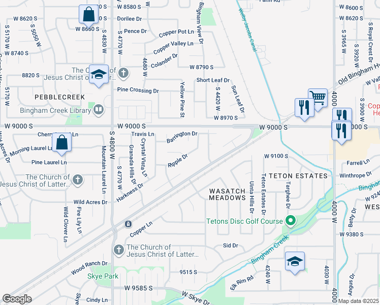 map of restaurants, bars, coffee shops, grocery stores, and more near 4514 West 9140 South in West Jordan