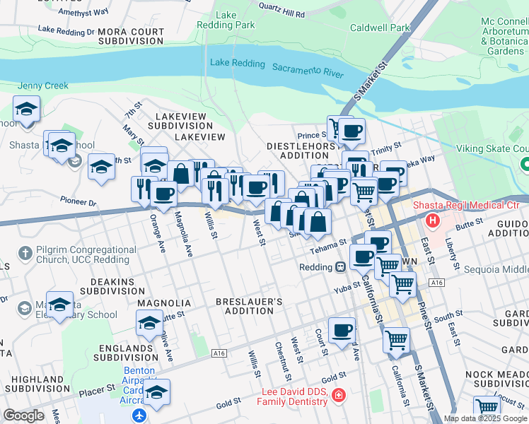 map of restaurants, bars, coffee shops, grocery stores, and more near 1801 Eureka Way in Redding