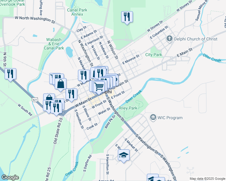 map of restaurants, bars, coffee shops, grocery stores, and more near 124 East Main Street in Delphi