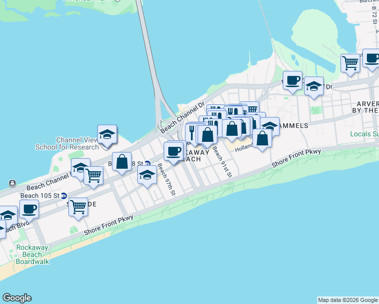 map of restaurants, bars, coffee shops, grocery stores, and more near 136-24 Rockaway Beach Boulevard in Queens