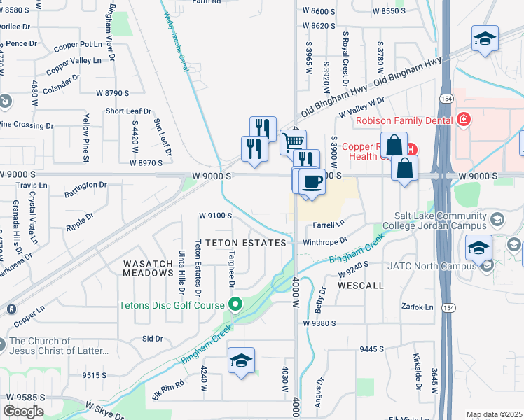 map of restaurants, bars, coffee shops, grocery stores, and more near 4086 Wind River Drive in West Jordan