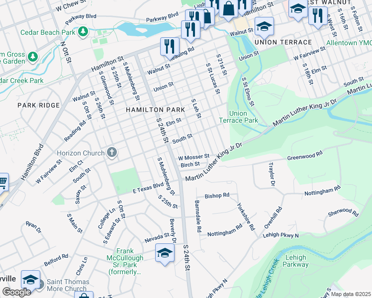map of restaurants, bars, coffee shops, grocery stores, and more near 525 South Berks Street in Allentown