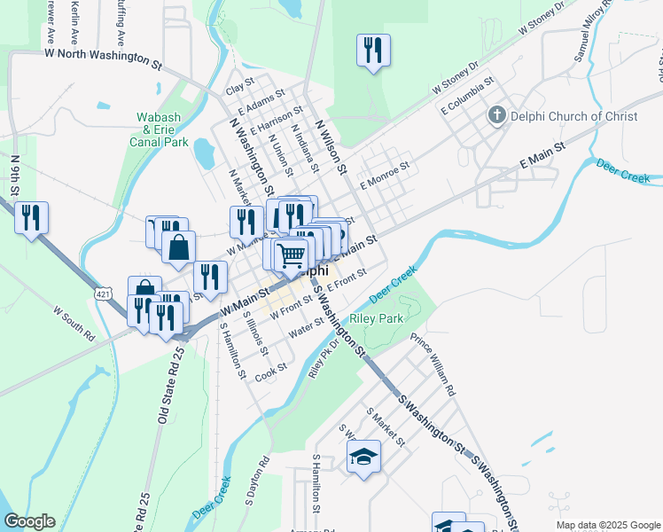 map of restaurants, bars, coffee shops, grocery stores, and more near 199 S Union St in Delphi