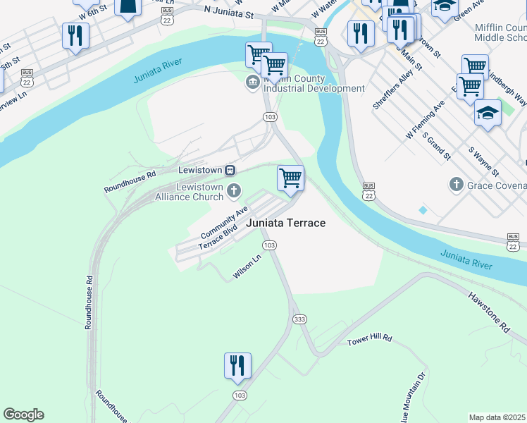 map of restaurants, bars, coffee shops, grocery stores, and more near 5 Hudson Avenue in Lewistown