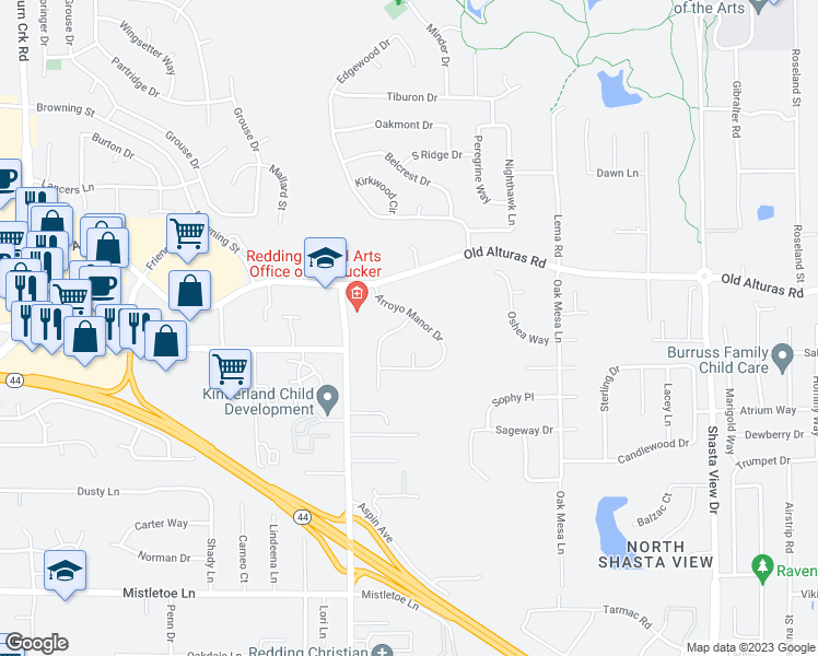 map of restaurants, bars, coffee shops, grocery stores, and more near 1413 Casa Vereda Way in Redding