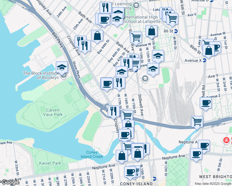 map of restaurants, bars, coffee shops, grocery stores, and more near 90 Bay 50th Street in Brooklyn