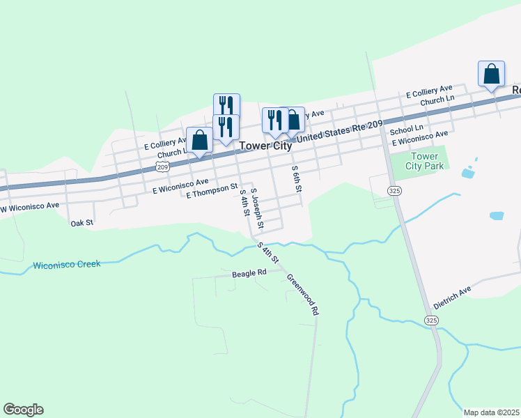 map of restaurants, bars, coffee shops, grocery stores, and more near 419 Maple Avenue in Tower City