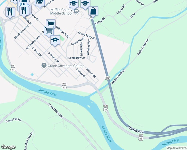 map of restaurants, bars, coffee shops, grocery stores, and more near 111 Sunset Road in Lewistown