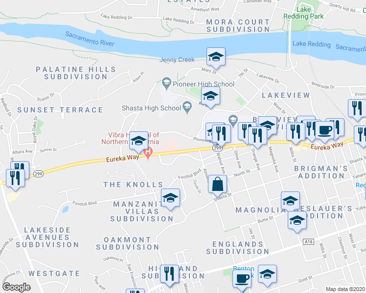 map of restaurants, bars, coffee shops, grocery stores, and more near 2716 Eureka Way in Redding