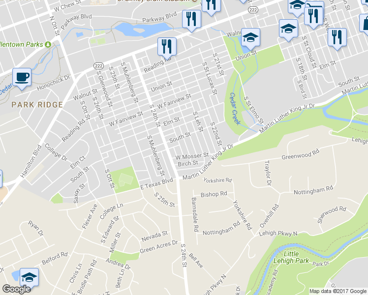 map of restaurants, bars, coffee shops, grocery stores, and more near 525 South Berks Street in Allentown
