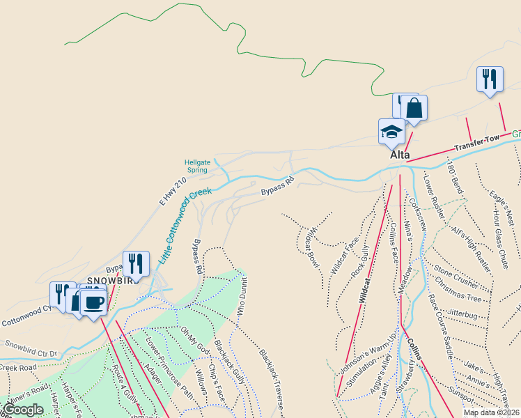 map of restaurants, bars, coffee shops, grocery stores, and more near 9830 Bypass Road in Alta