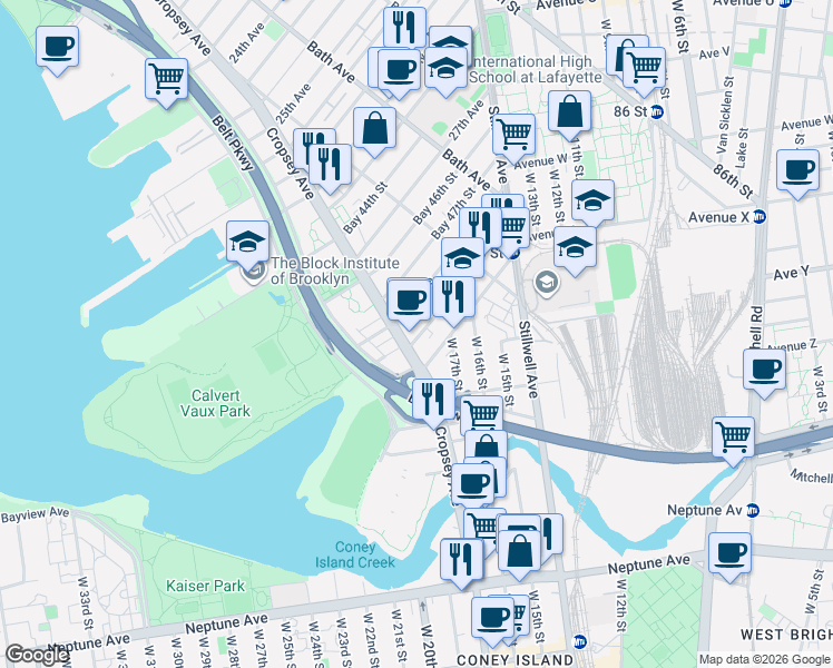 map of restaurants, bars, coffee shops, grocery stores, and more near 167 28th Avenue in Brooklyn