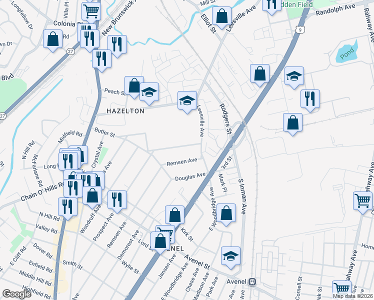 map of restaurants, bars, coffee shops, grocery stores, and more near 435 Prospect Avenue in Woodbridge Township