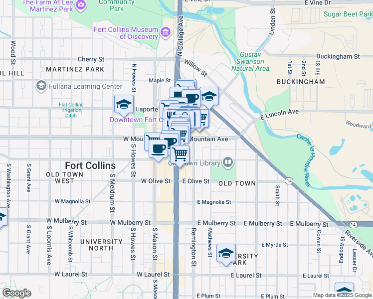 map of restaurants, bars, coffee shops, grocery stores, and more near 140 East Oak Street in Fort Collins