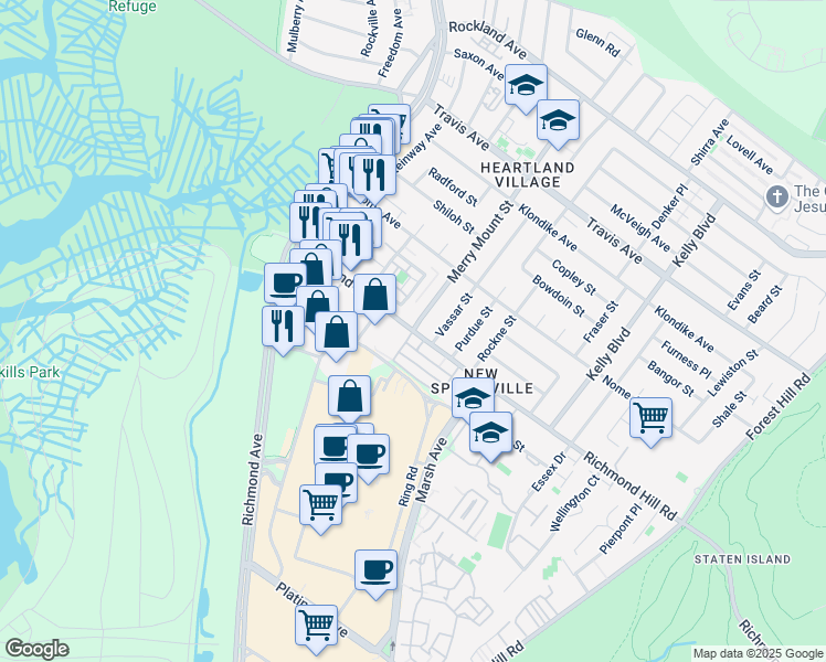 map of restaurants, bars, coffee shops, grocery stores, and more near Richmond Hill Road & Merrymount Street in Staten Island