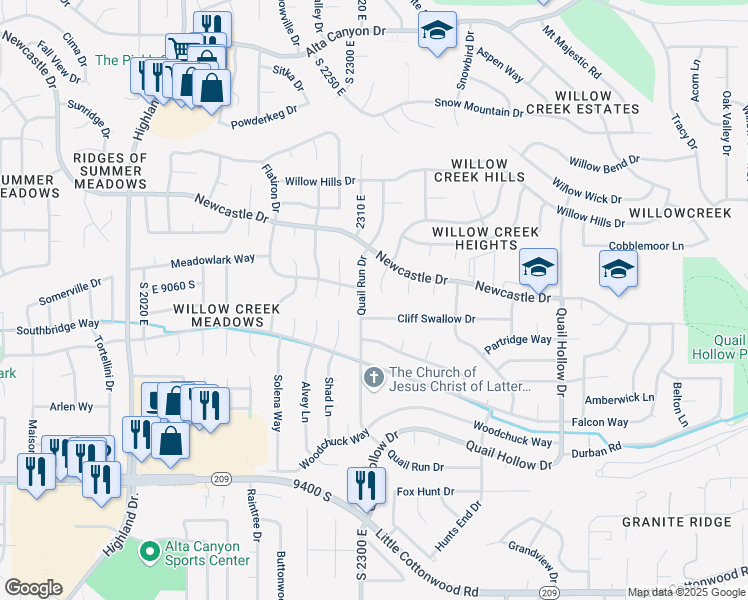 map of restaurants, bars, coffee shops, grocery stores, and more near 9034 Cheshire Circle in Sandy