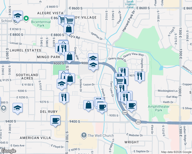 map of restaurants, bars, coffee shops, grocery stores, and more near 9101 Enchanted Oak Lane in Sandy